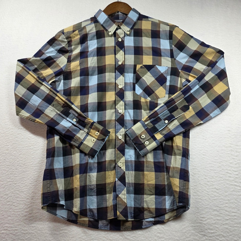 Ben Sherman Mens Mod Fit Plaid Button Down Shirt Blue Tan Brown MA00127 Large
